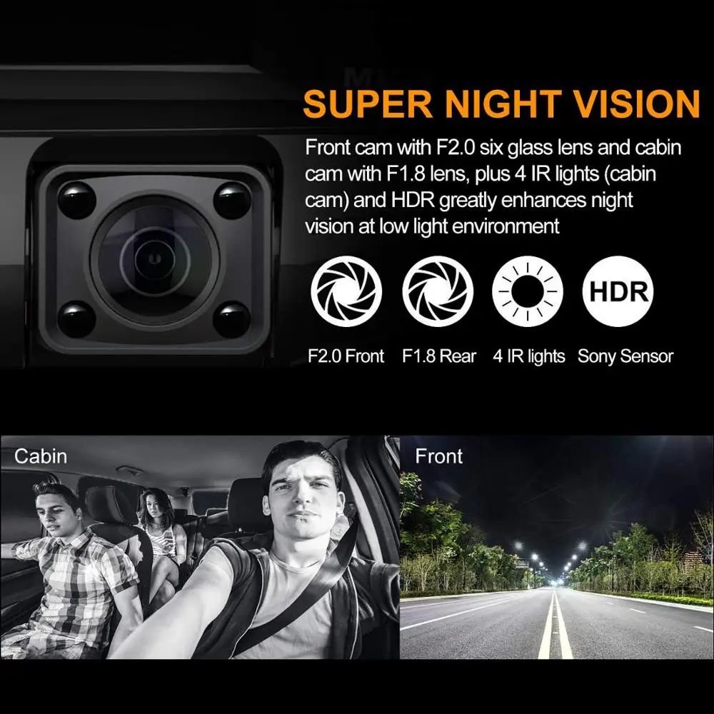 Видеорегистратор Pruveeo C2 с инфракрасным ночным видением, 4K Dual 1080P спереди и внутри, видеорегистратор для автомобилей, грузовиков, такси