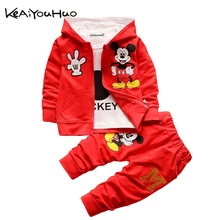 Комплект одежды для девочек и мальчиков, осенне-зимнее пальто с капюшоном с рисунком Микки Мауса+ футболка+ штаны, комплект детской одежды из 3 предметов спортивный костюм Одежда для детей