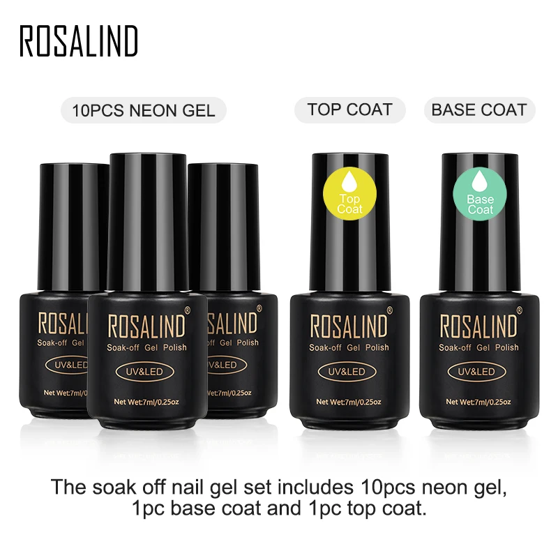 Неоновый Гель-лак для ногтей ROSALIND, гибридные Лаки, 12 шт./лот, УФ светодиодный, для маникюра, Полупостоянный Гель-лак, основа для ногтей