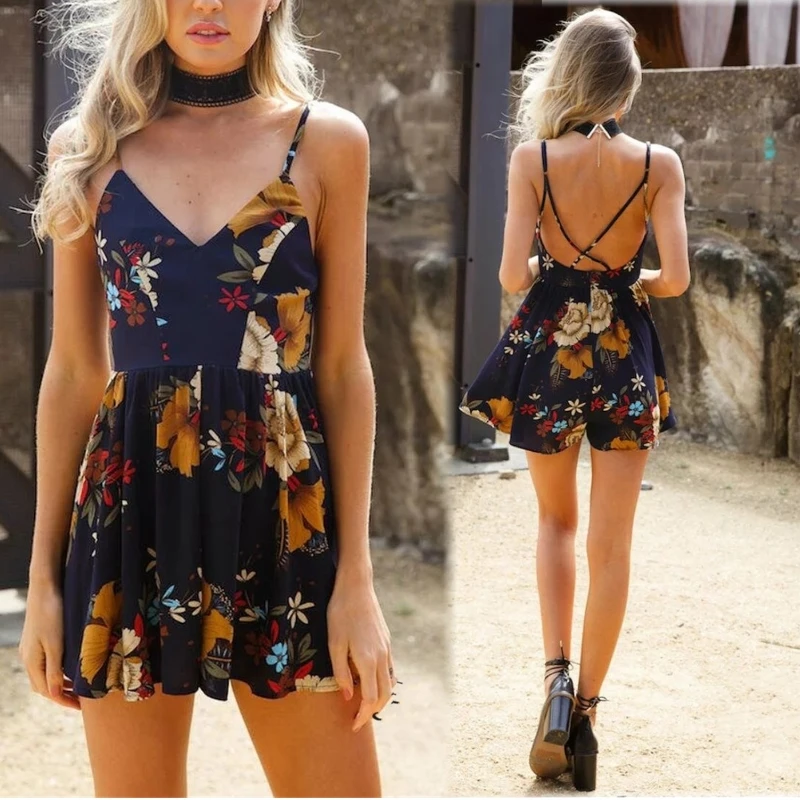 NiceMix Beach Swing Sundress Backless Floral Print Summer Spaghetti Strap Rompers for Women Sexy Party A-line Robe Strand Jurkje