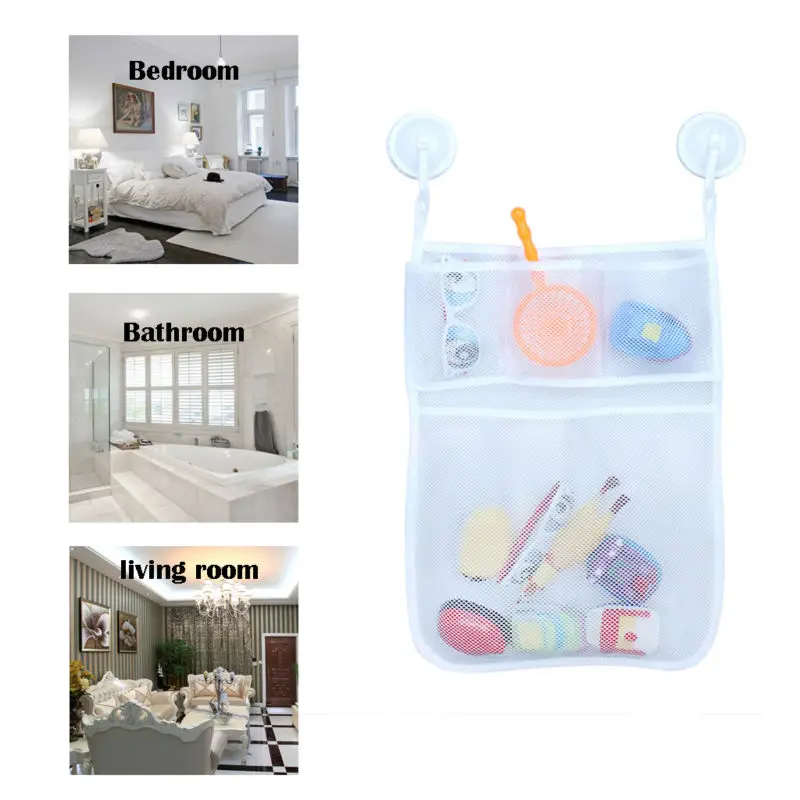 1X White Rhombus Mesh Cloth Bath Tub Toy Storage Mesh Bag Tidy Suction