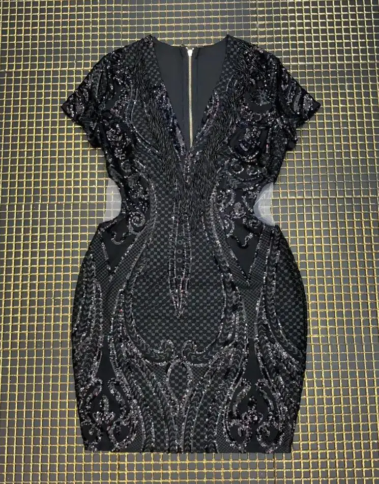 Vestidos, летнее платье, женское, сексуальное, с v-образным вырезом, с кисточками, с блестками, черное, вечерние, элегантное, дизайнерское, облегающее платье - Цвет: Черный