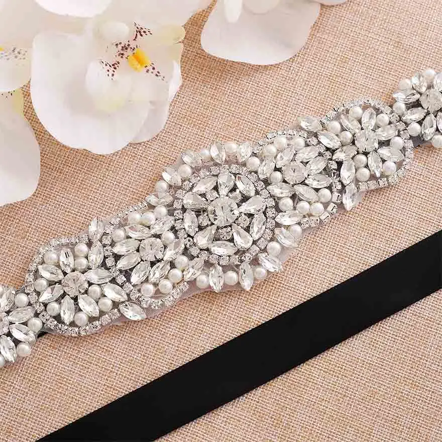 MOLANS Handmade Exquisite Crystal Floral Appliques Girdle for Women Dress Jewelry Silver Water Drill Solid Silk Ribbons Sash