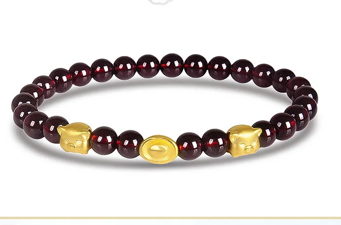 

Pure 24K Yellow Gold Bracelet Woman's Man Zodiac Pig Ingots Link Garnet Bracelet 6.3inchL Fashion Luck Link Chain About 1g