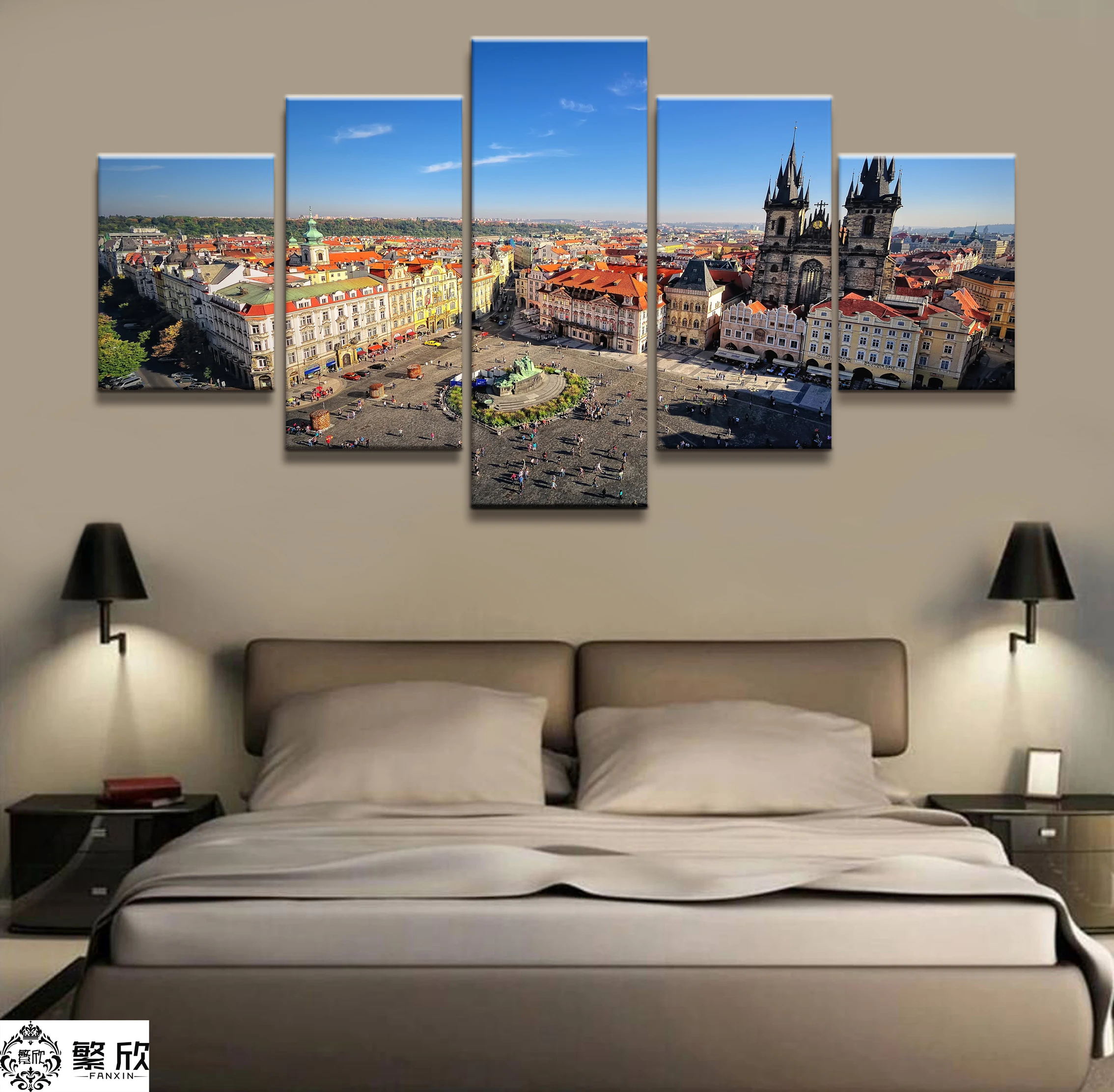 

Hot Sales Without Frame 5 Panels Picture City Church Square Scenery Painting Artwork Wall Art Canvas Painting Wholesale