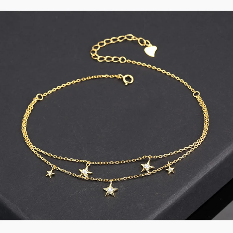 Fine Jewelry 100% 925 Sterling Silver Summer Ankle Bracelet Gold Anklet Elegant Star Foot Leg Chain Charm for Women Gift (3)