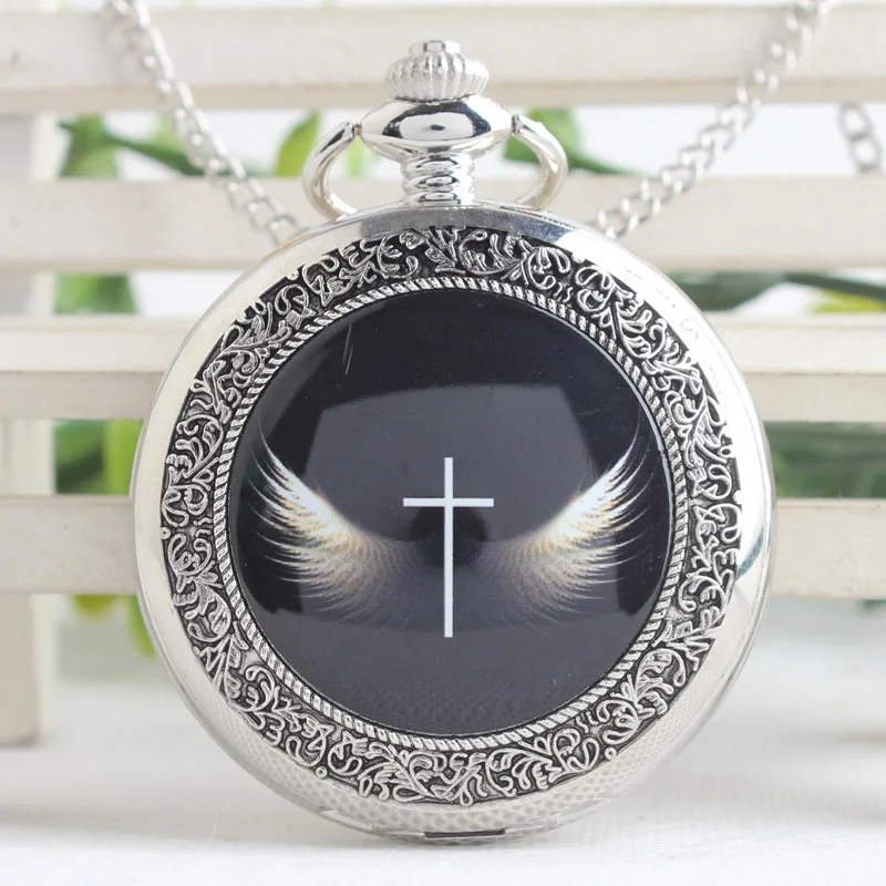 

Vintage Angel Wings Cross Pocket Watch Mens With Fob Chain Gift God's Angels Cross Wings Quartz Women Watch PB625