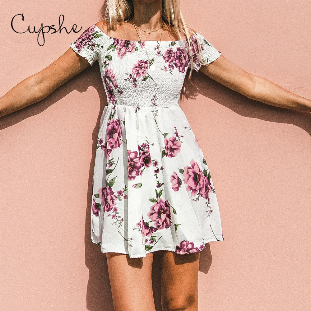 

CUPSHE Elegant Off Shoulder Women Summer Mini Dress 2019 Beach Rose Floral Flare Vestidos Shirring Sundress