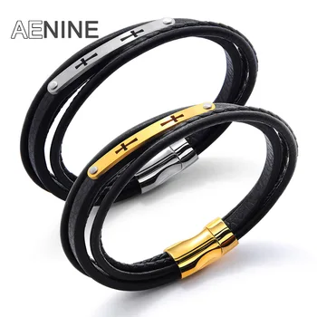 AENINE Men Handmade Leather Bracelet Gold Hollow Cross Stainless Steel Multilayer Wrap Bracelets Buckle Fashion Jewely AOPH1296 AENINE Men Handmade Leather Bracelet Gold Hollow Cross Stainless Steel Multilayer Wrap Bracelets Buckle Fashion Jewely AOPH1296