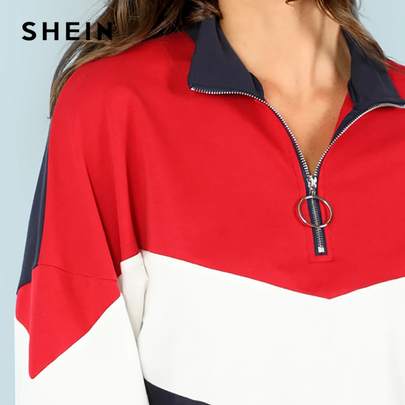  SHEIN Multicolor Minimalist O-Ring Zip Front Cut And Sew Stand Neck Raglan Sleeve Sweatshirt Autumn