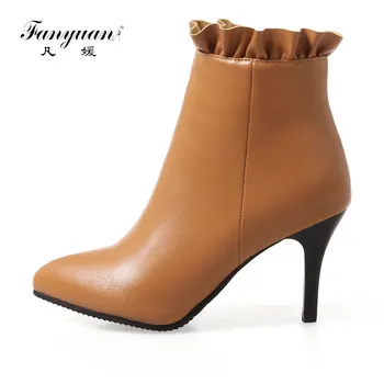 

Fanyuan 2018 Women Ankle Boots Thin High Heel PU Leather Western Style Pointed Toe Spring and Autumn Ladies Boots Size 32-47