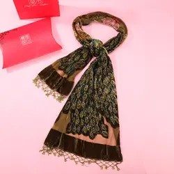 Новый стиль зеленый платок бархат Шелковый шарф-палантин вышивка Мантилья с Ленточки Павлин бисером шали хиджабы мягкий шарф