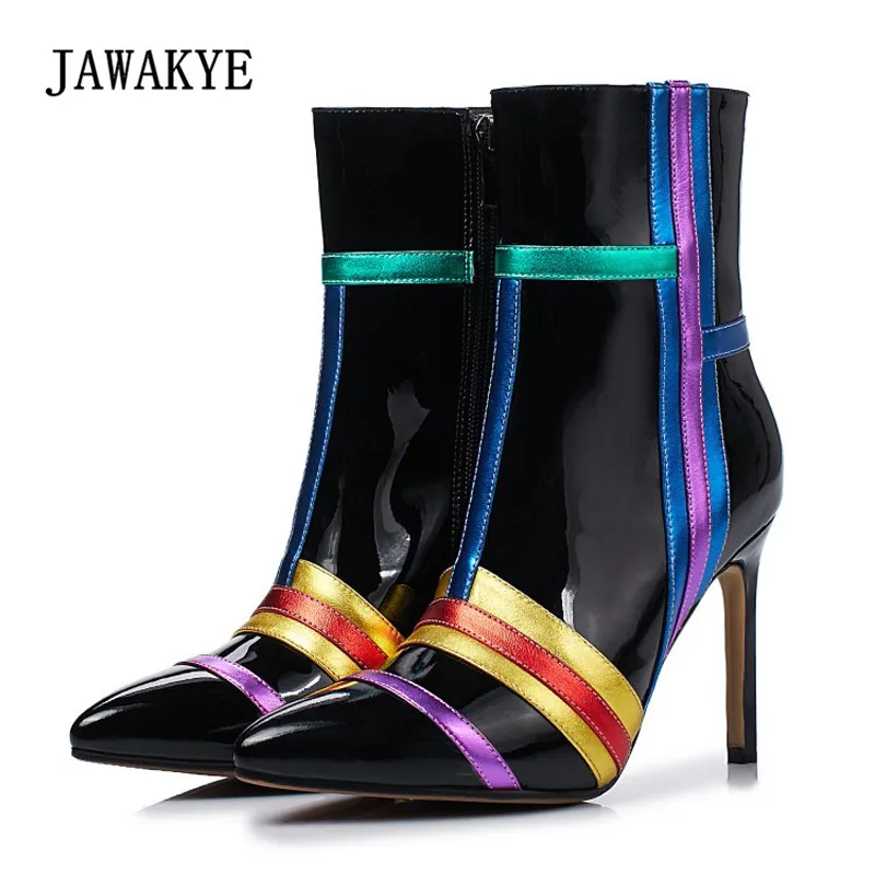 

2019 Real Leather Ankle Boots Women Pointed Toe Mixed Color Patchwork High Heel Boots Woman Fashion Party Shoes