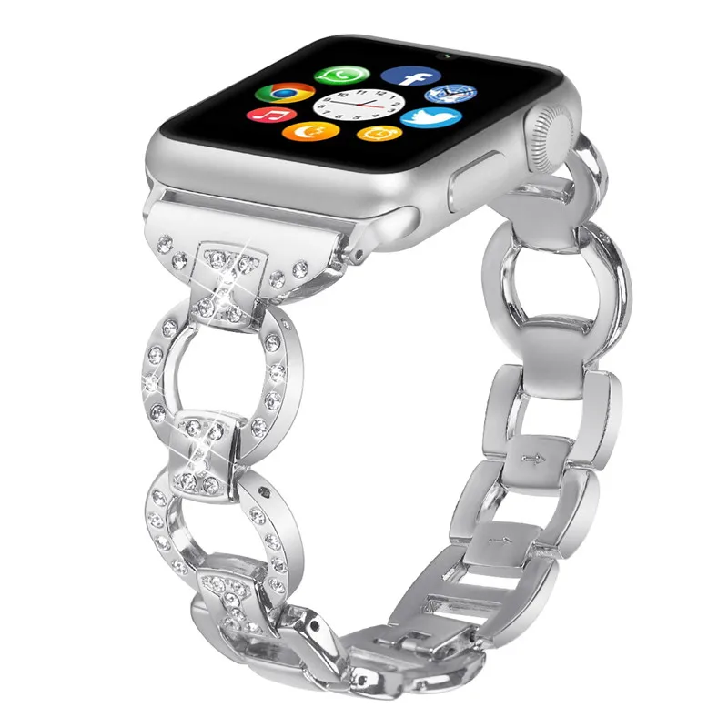 Bling из натуральной кожи часы ремешок для Apple Watch iWatch 4/3/2/1 бриллиант Стразы Нержавеющая сталь металлический браслет ремешок для наручных часов Iwatch, ремешок 82003 - Цвет ремешка: Silver