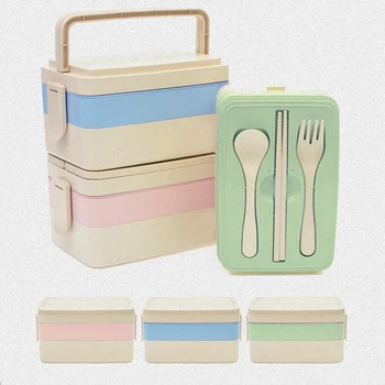 

2-3 Layer Baby Feeding Tool Healthy Box Wheat Straw Bento Tableware Box Kids Microwave Dinner Food Storage Container Box