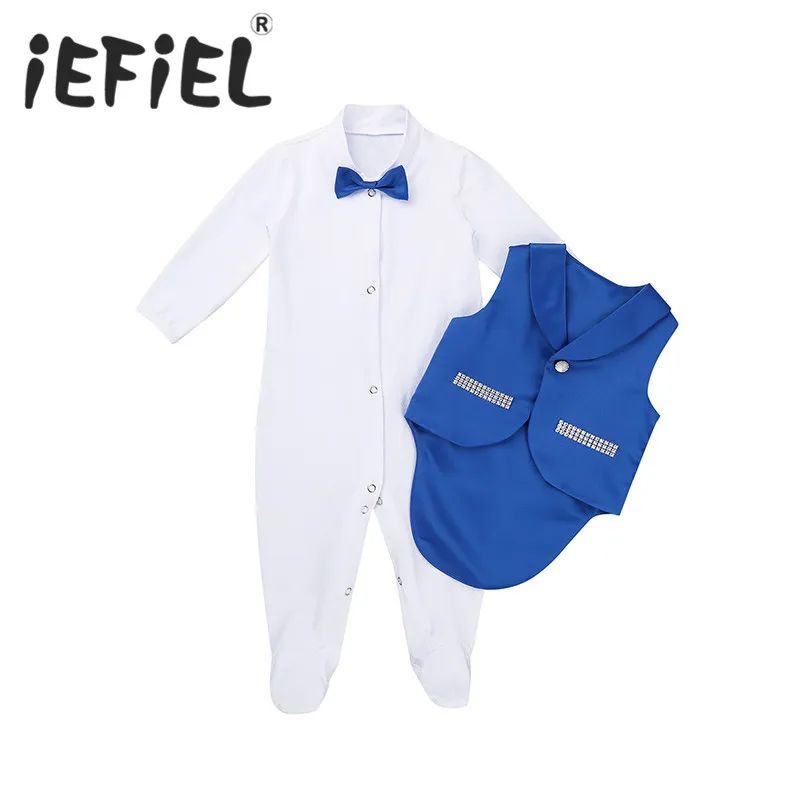 

Toddler Little Infant Baby Boy Newborn Gentleman Tuxedo Formal Party Photo Props Outfit Long Sleeves Bowtie Footie with Vest Set