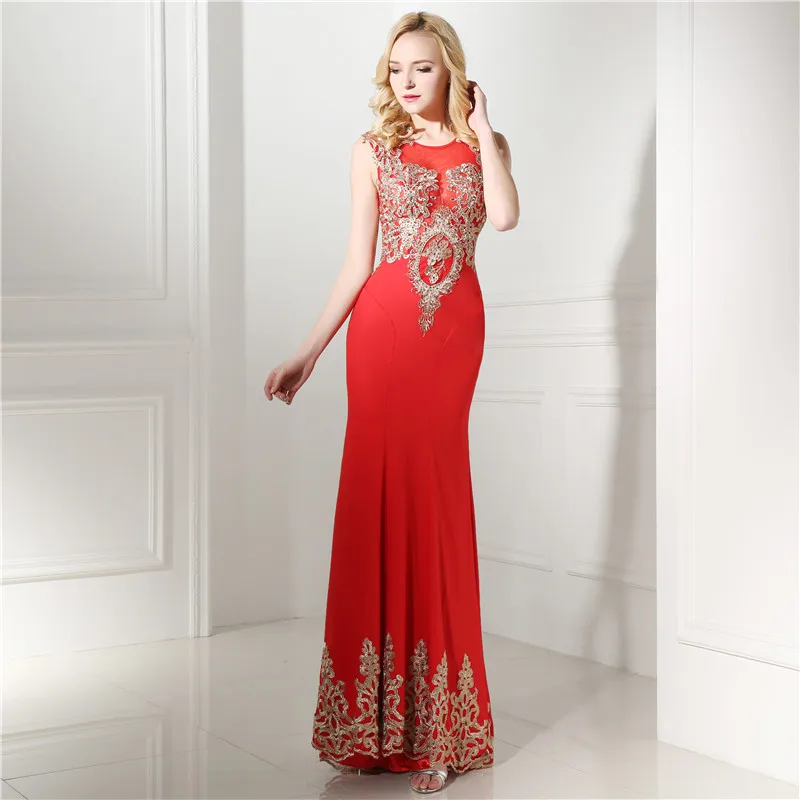 

Real Picture Gold Lace Red Mermaid Evening Dresses long O-Neck Elegant Formal Women Prom Dresses Evening Party Robe Soiree 2019