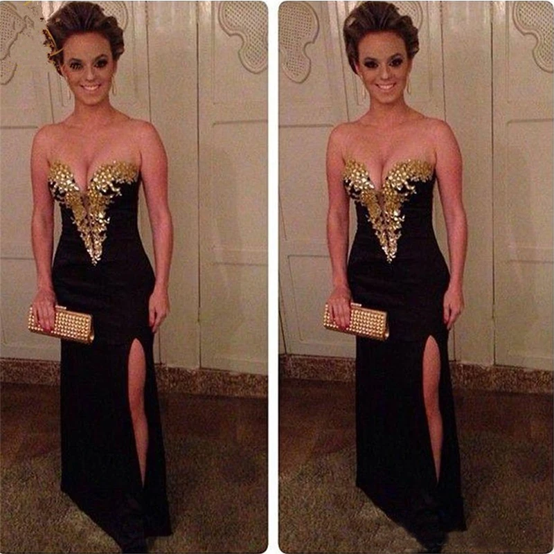 CYF109 Elegant Robe De Soiree Gold Beads Black Mermaid Evening Dress 2016 Hot Long Side Slit