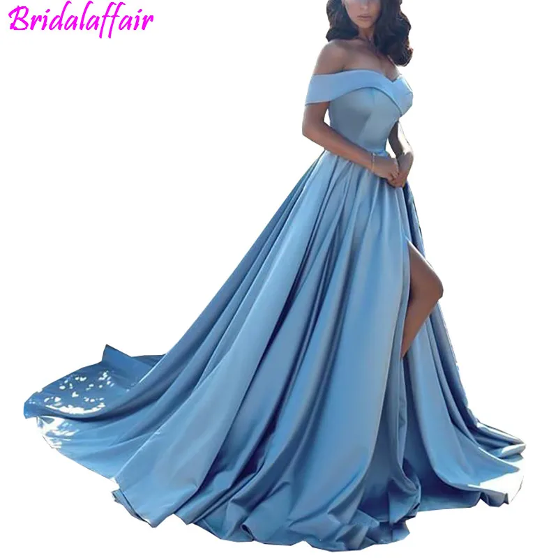 

Modern Evening Dress Arabic Light Blue Prom Dresses 2018 African Elegant Formal Gown Off The Shoulders Front Split Prom Gowns