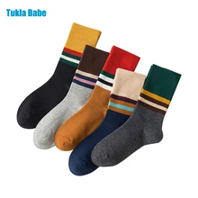 5 пар в упаковке, носки для женщин на осень и зиму, новые хлопковые дышащие полосатые женские носки в студенческом стиле