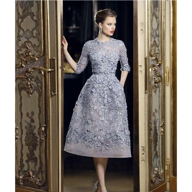 Elegant Evening Dresses Sheer O Neck Half Sleeve With Lace Applique Beads Tea-Length Formal A Line Gown Custom Made | Свадьбы и