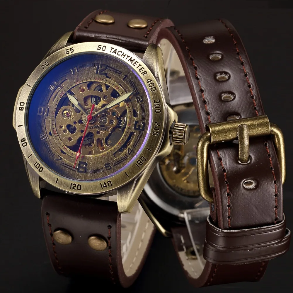 2016 New Relojes Hombre Vintage Bronze Case Automatic Mechanical Skeleton Brown Leather Band Mens Sport Watch