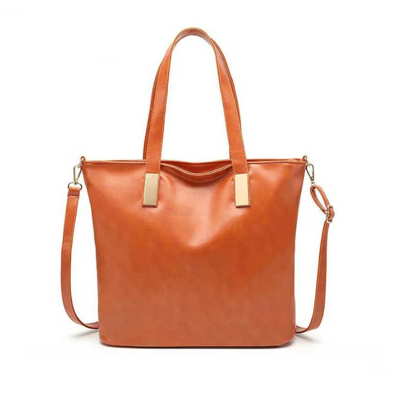 New Fashion Women Handbag PU Wax Leather Women Bag Large Orange Tote Bag Big Casual Ladies