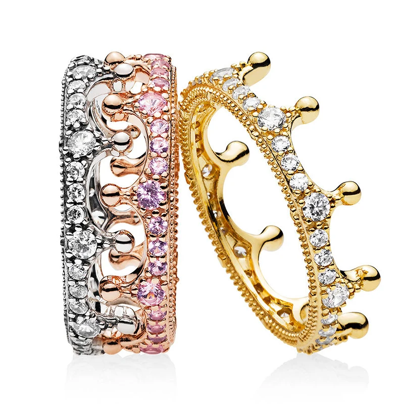 

Pink Enchanted Crown Silver/Rose/Gold Ring Real 925 Sterling Silver Rings For Fashion Women Band Wedding Rings Bridal Jewelry