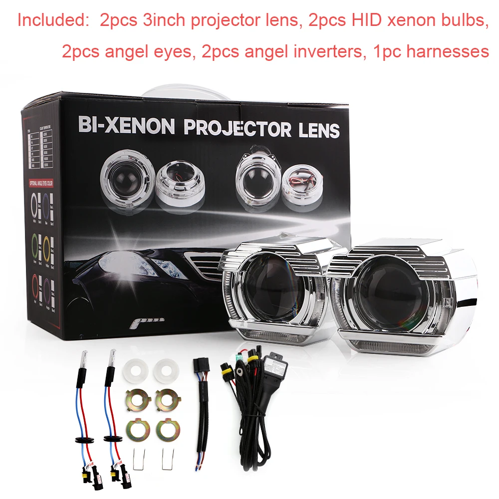 YM E-Bright 1 комплект 3 дюйма 6000K HID Bi Xenon фары проектор Объектив 12 В DC 35 Вт+ ангельские глазки белый для H1 H4 H7 стайлинга автомобилей