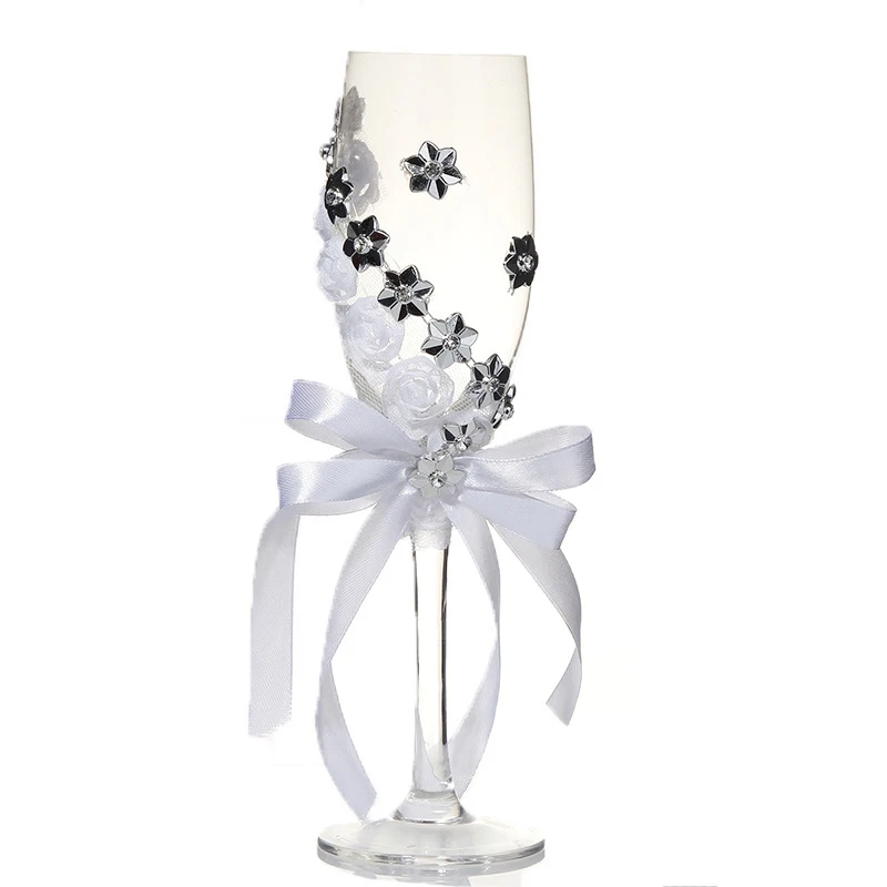 2 шт. набор свадебного стекла креативные серебряные цветы хрустальные свадебные бокалы для шампанского Кубок Красный бокал для вина, кружка Свадебные украшения - Цвет: White