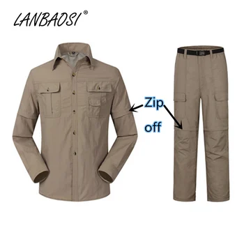 

LANBAOSI Hiking Suit for Men Zip Off Shirt+Pant 2 Pcs Set Outdoor Sports Tactical Anti-UV Sun Protection Convertible Clothing