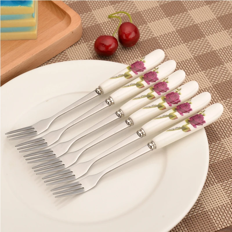 

1Pcs Ceramic Handle Tableware Stainless Steel Fruit Fork Moon Cake Forks Dessert Small Forks Household Tableware
