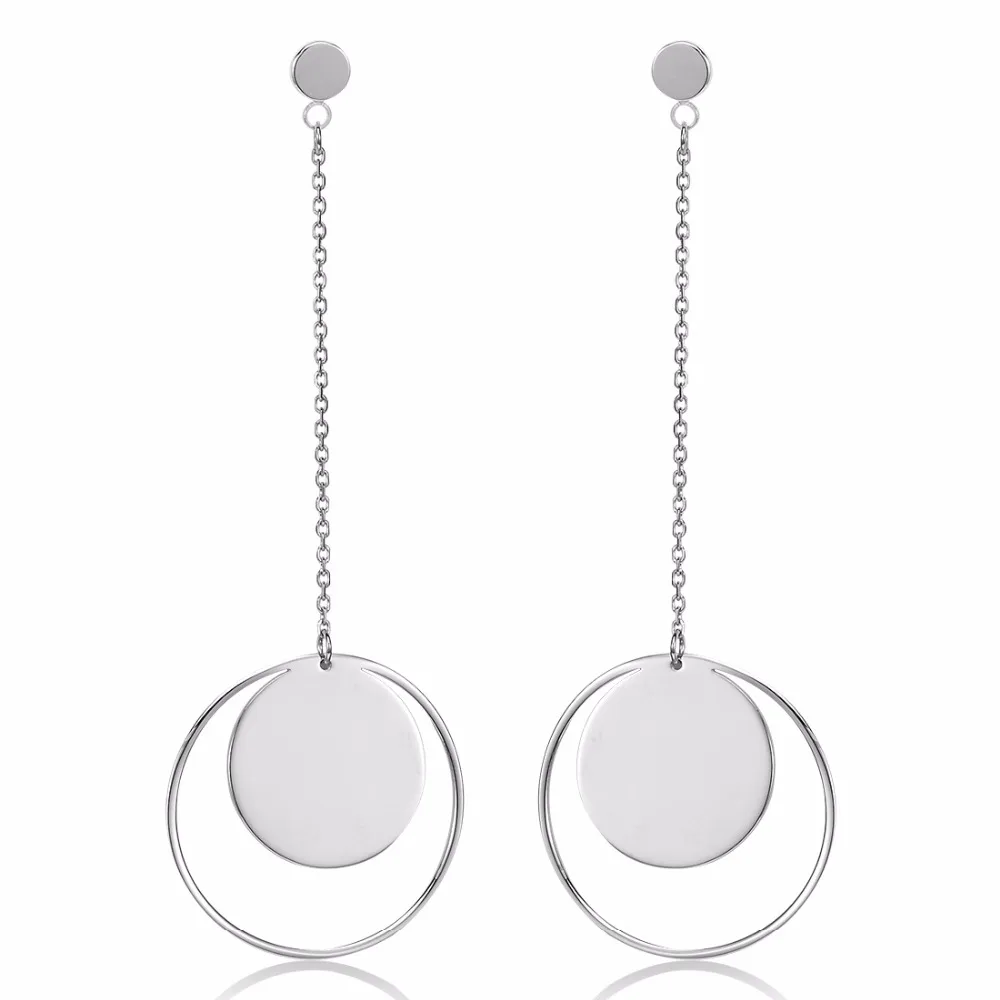 

Vintage Silver Color Drop Disc Earrings for Woman Shiny Long Dangle Earrings Titanium Post Dress Jewelry Accessories brinco