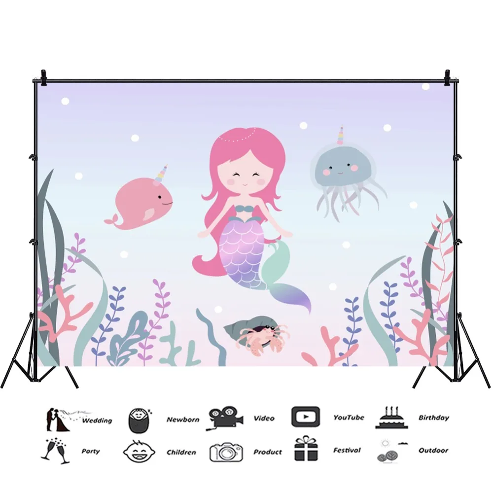 Laeacco Mermaid Cartoon Underwater Creature Baby Photography Background Customized Photographic Backdrops Props For Photo Studio