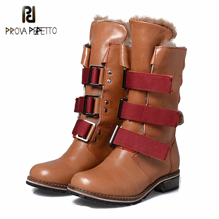 

Prova Perfetto 2018 Snow Mid-boots Real Wool Fur Inside Thick Non-slip Winter Boots Round Toe Thick Heel Natural Leather Boots