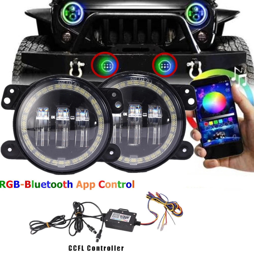 4/" INCH Front Bumper White Halo LED Fog Lights For 2007-2017 Jeep Wrangler JK