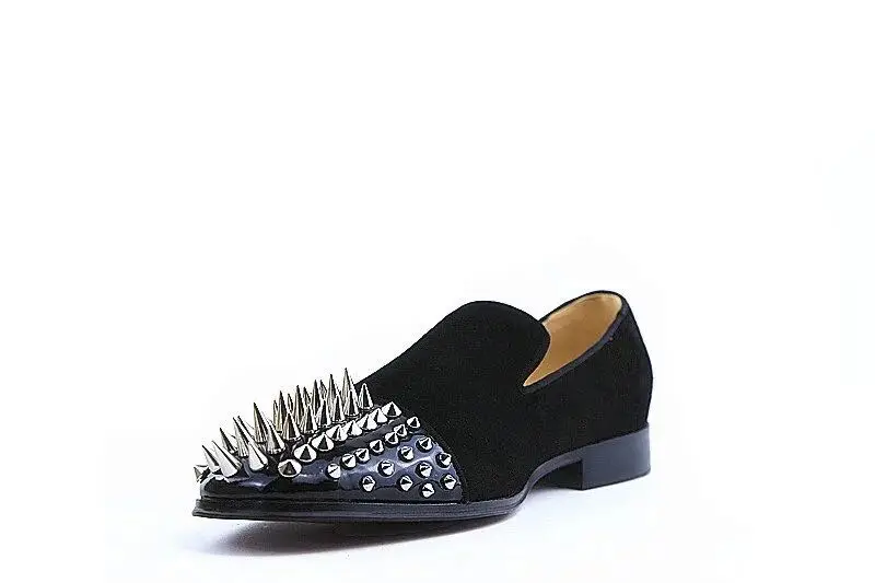 

Fashion black Spiked Loafers Shoes Men Round Toe Punk Casual Shoes Male Slip On Rivets Men Shoes Leather suede flats shoes