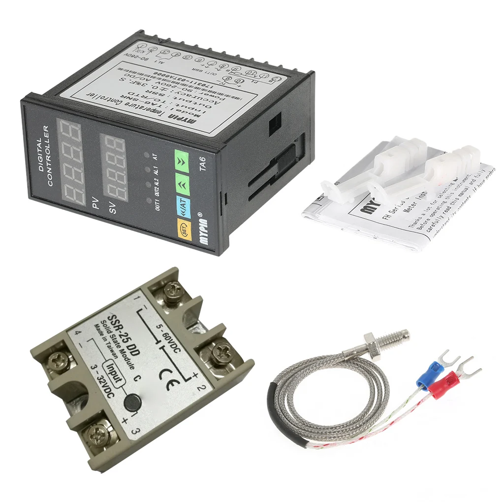 

MYPIN Digital TA6-SNR PID Temperature Controller with Relay DIN 1/8 SSR-25DA K type Thermocouple Dual Display for F/C 7 Output