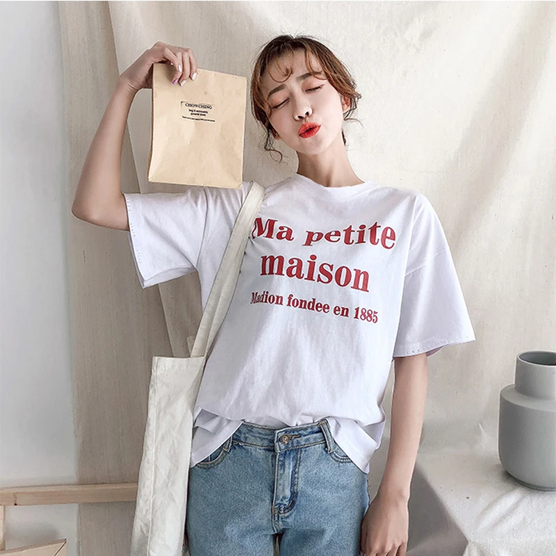 

2018 Korea solid color white style wild cute letter SURE letter element shirt printing series polyester short sleeve