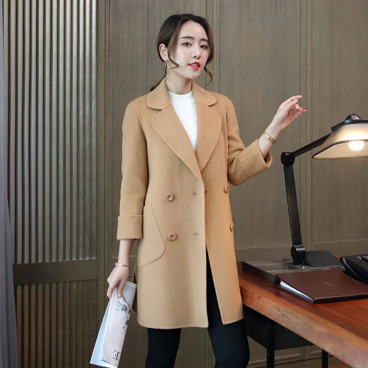 

Wool Coat 2019 New Double Breasted Full Sleeve Autumn and Winter Coats V-Neck A-line Casual Temperament Wool Coat