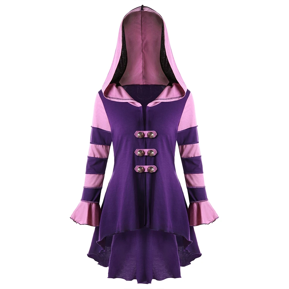 

Fashion Women Trench Hooded High Low Double Breasted Corset Long Coat Fashion Flare Sleeve Womens Outerwear Striped Panel Coat