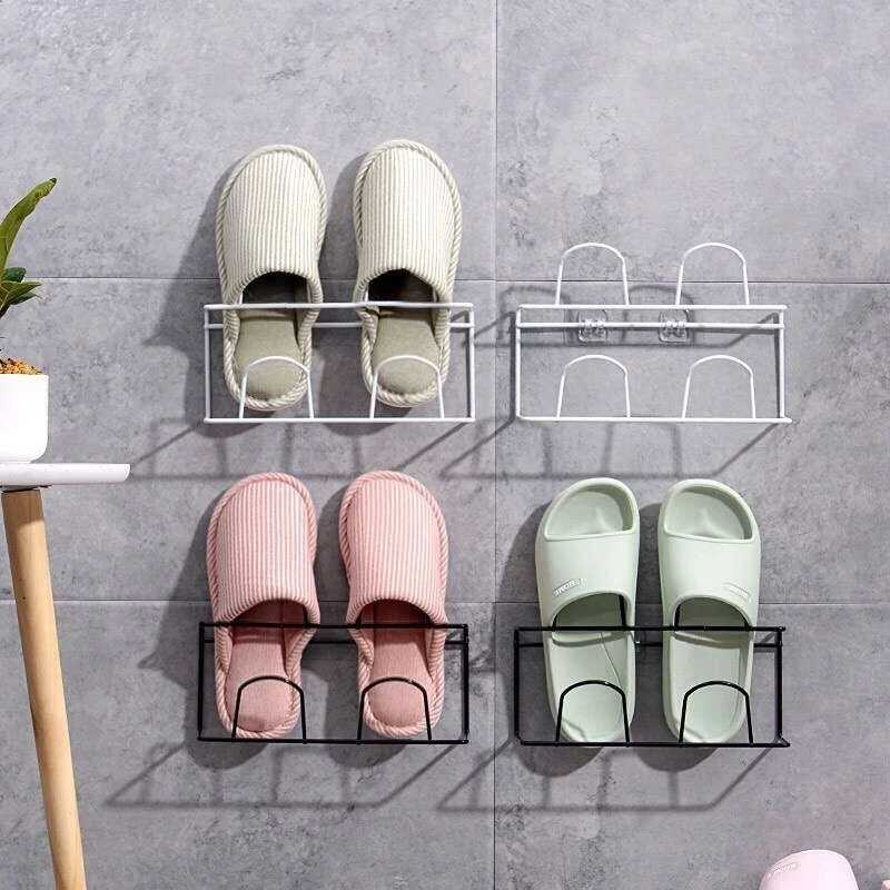 

Wall Mount Shoe Rack Double-Layer Shoes Organizers Hanger Metal Slippers Shelf Shoe Holder Save Space Storage Rack