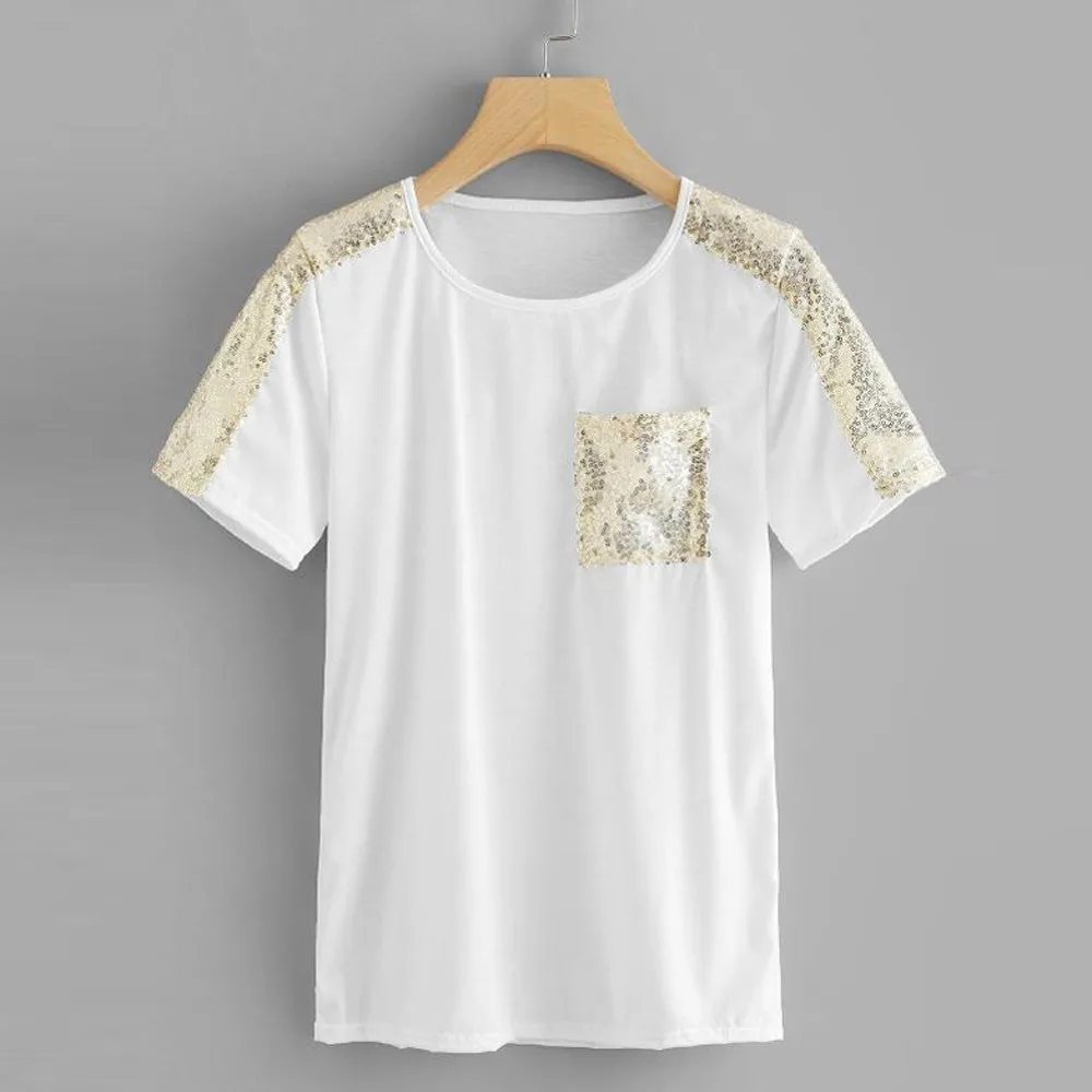 

Women Sequins O Neckr T-Shirt Short Sleeve Casual Tops