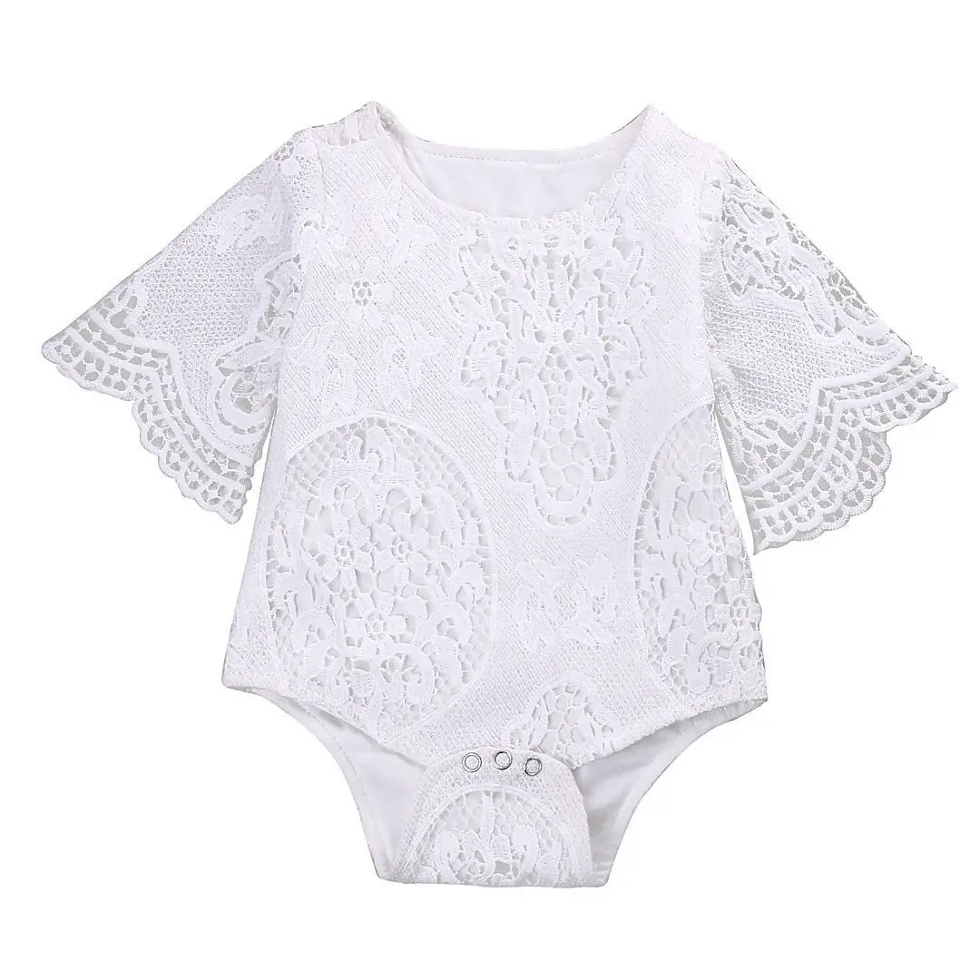 White Bodysuits Newborn Baby Girl Lace Floral Jumpsuit Bodysuit Flare