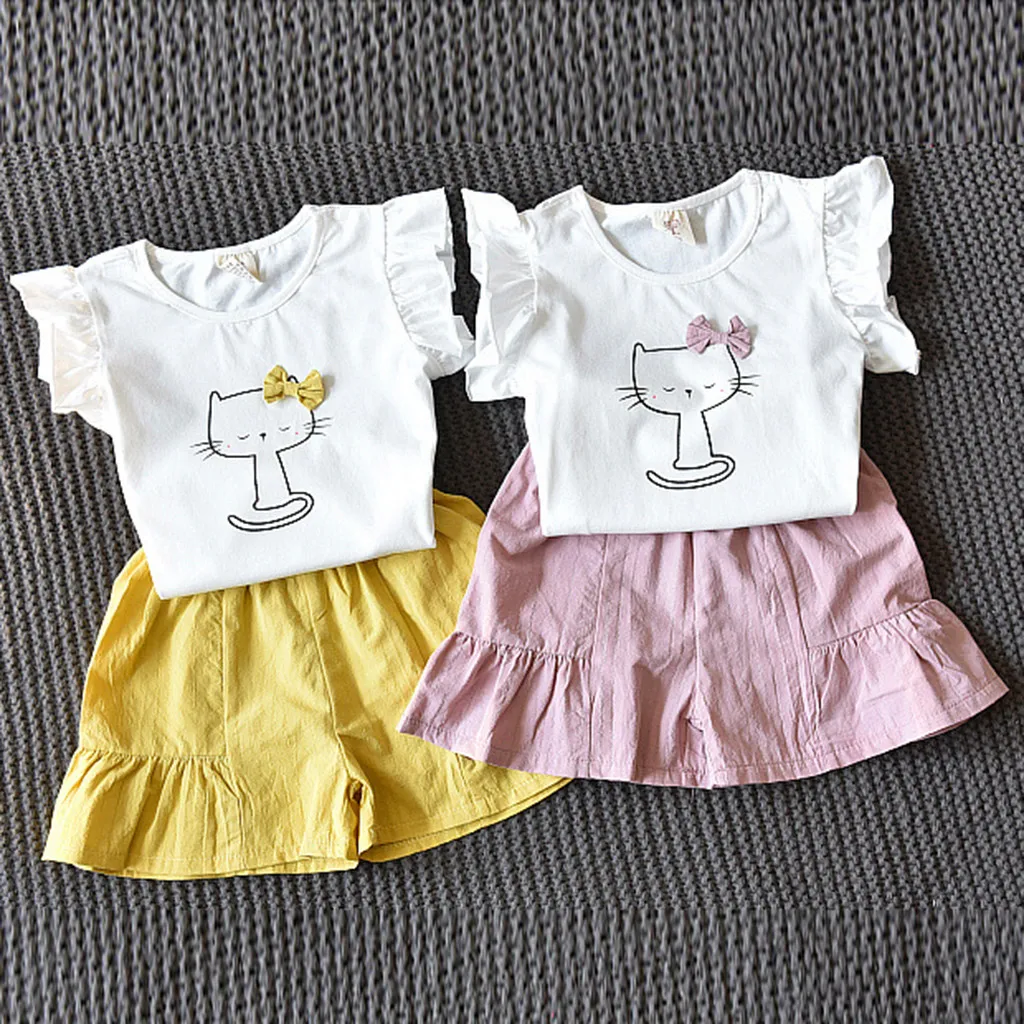 

Baby Kids Girls Clothes Set Fashion Ruffled Short Sleeve Car Printed T-Shirt+Shorts Baby's Girl Clothing Cartoon Outfits Sets
