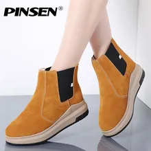 

PINSEN Women Boots 2019 Winter Motorcycle Ankle Boots Shoes Woman Slip-on Snow Boots Women Warm Suede Leather Rubber Boots