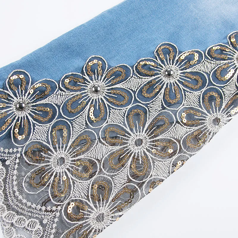 FERZIGE Summer Women Jeans Light Blue Thin Stretch Sexy Lace Ruffles Flares Embroidered Skinny Sequined Slimming Ladies Pants 36 Jeans