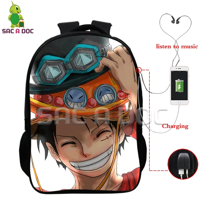 

Anime One Piece Luffy Ace Multifunction Backpack USB Charging Headphone Jack School Laptop Bags for Teenagers Cosplay Backpack