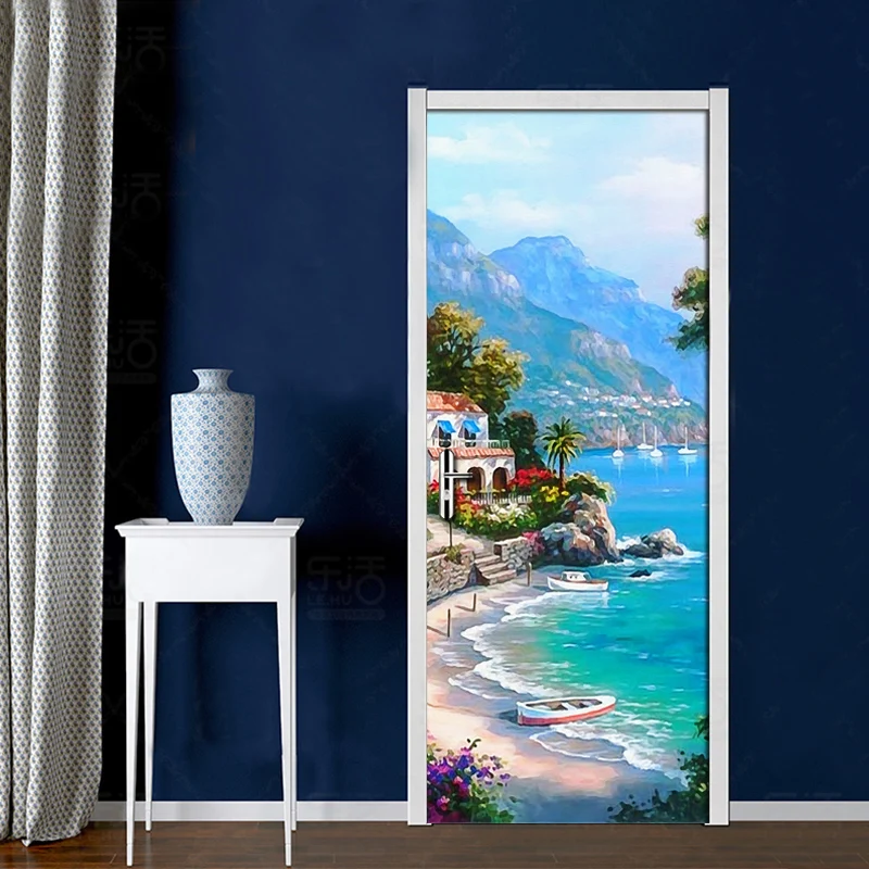 Custom Photo Wallpaper Sea view Oil Painting PVC Self Adhesive Waterproof 3D Door Mural Sticker Home Decor Living Room Bedroom custom 3d photo wallpaper murals sexy girl beauty oil painting fresco for ktv spa sharon living room corridor door home decor