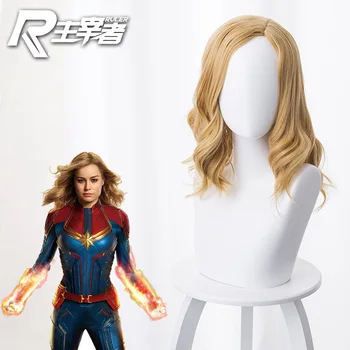 

Movie Women Captain Marvel Cosplay wig Women Carol Danvers Blonde wavy hair gold wig Cosplay Costume With Free Hair Cap